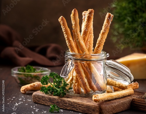 delicious crisp golden brown parmesan cheese straws in a rustic glass jar with herbs