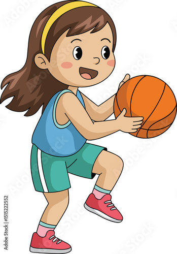Illustration of a happy young girl playing basketball, showcasing an active lifestyle, sports enthusiasm, and fun physical activity for children in a colorful design