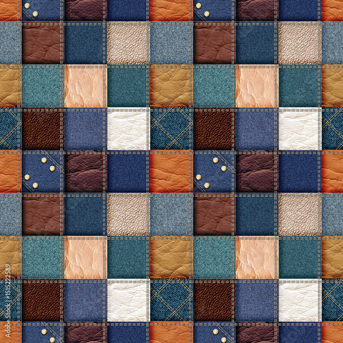 leather and jeans patchwork background, mixed material mosaic