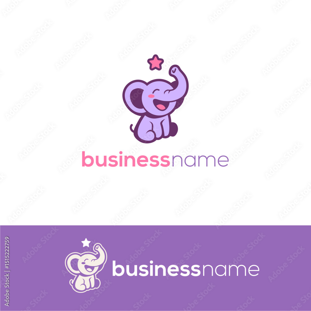 Fototapeta premium cute purple elephant logo sitting and reaching for the stars with its trunk logo for baby equipment or children's clothing business