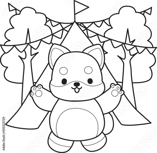 Coloring pages of Fluffy Shiba Inu pet stickers. Outline of Happy doggy activities illustrations.
