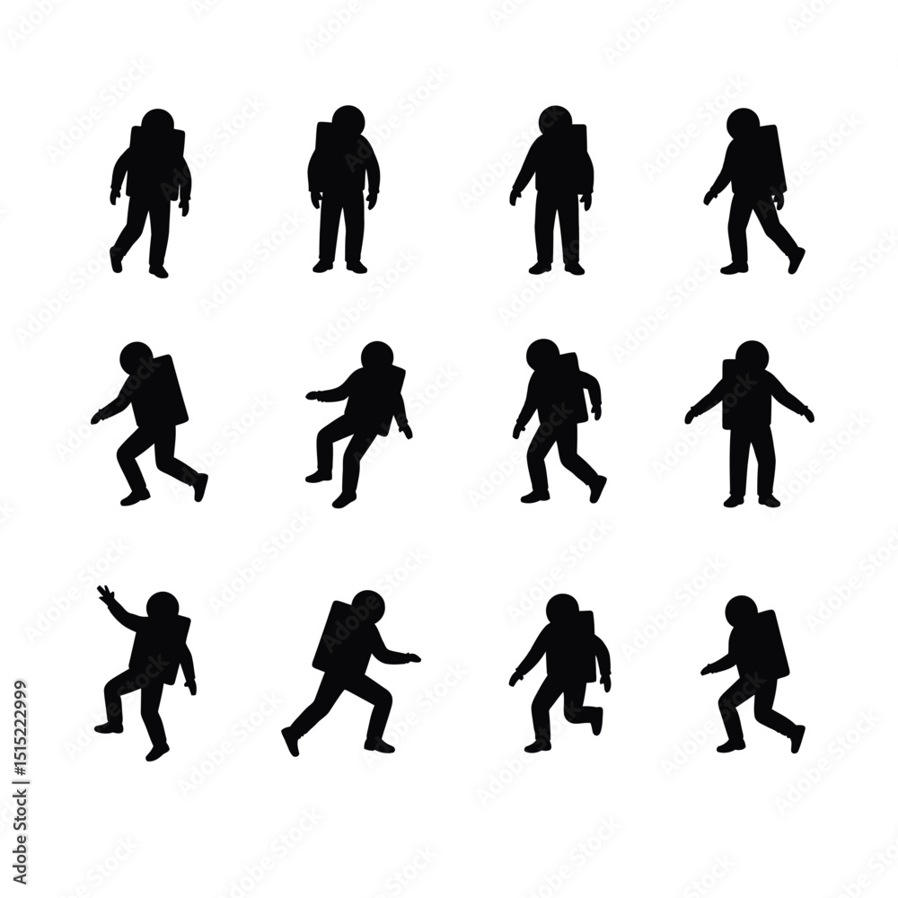 Fototapeta premium Twelve astronaut silhouettes in various poses space set