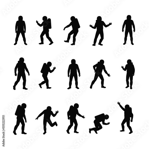 Astronaut silhouette set diverse poses space exploration