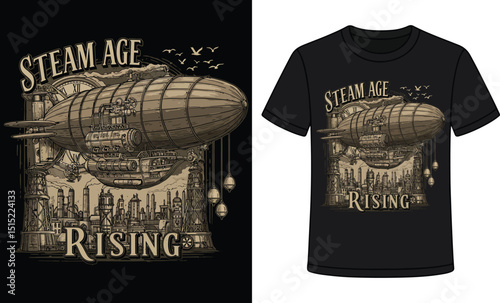 Steam Age Rising – Vintage Steampunk Airship Illustration for T-Shirts, Posters, Wall Art, Stickers, Mugs | Retro Futurism Fantasy | Industrial Sci-Fi Style | Print on Demand Design | Alt History Art