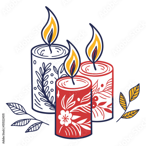 colorful three candles with flames line art vector. eps
