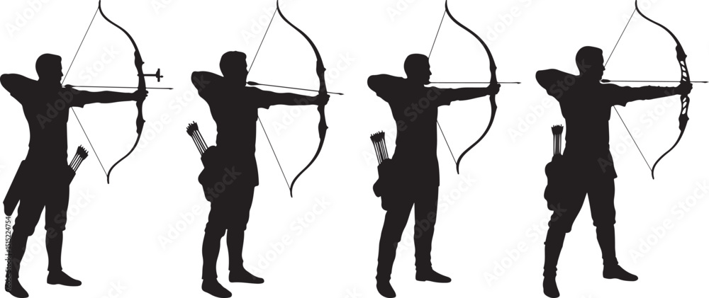 Obraz premium Archery Stances and Techniques: Silhouettes of Archers Holding Bows and Arrows in Different Shooting Positions for Precision, Accuracy, and Skill Development
