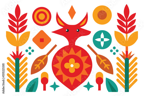 Seamless Tribal-Inspired Vector Pattern with Indigenous Symbols, Flora, and Fauna in Vibrant Colors.