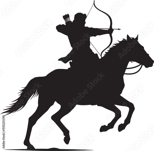 Silhouette of Mounted Archer on Horseback - Traditional Equestrian Warrior, Bow and Arrow Combat, Historical Horse Rider, Medieval Cavalry, Nomadic Marksman, Ancient Warfare, Battle Archery Skill