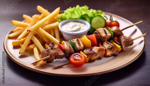 delicious grilled meat skewers served with fresh vegetables crispy fries and creamy dipping sauce create satisfying meal experience