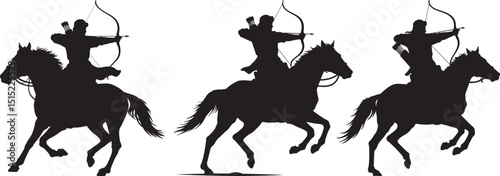 Silhouette of Mounted Archer on Horseback - Traditional Equestrian Warrior, Bow and Arrow Combat, Historical Horse Rider, Medieval Cavalry, Nomadic Marksman, Ancient Warfare, Battle Archery Skill