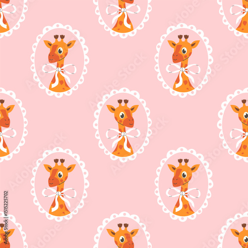 Cartoon cute giraffes with bow framed seamless pattern