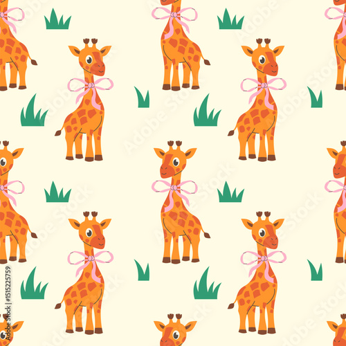 Cartoon cute giraffe with bow in flat style seamless pattern