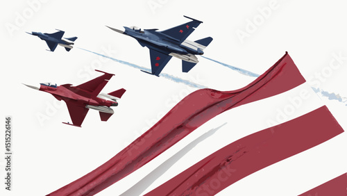Fighter jets airshow display with flag on white background
