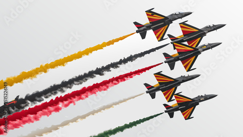 Five fighter jets air show formation, transparent background