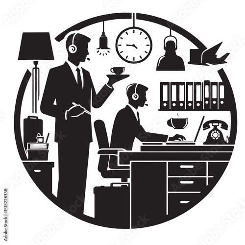 Black Color Administrative Support Silhouette Vector Illustration, Solid White Background