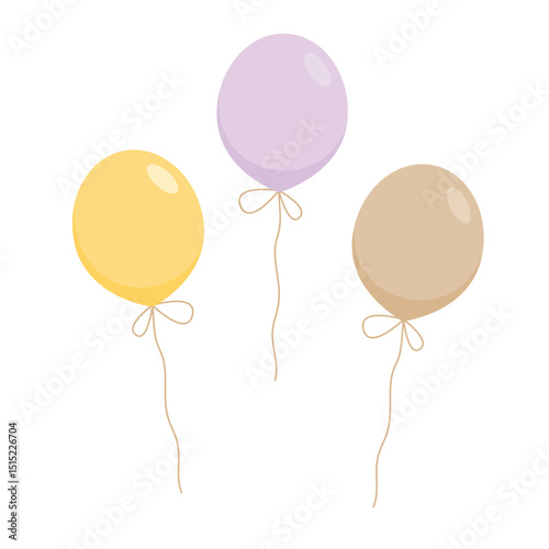 Vector illustration of three bright balloons in glossy shades of purple, yellow and brown. For decorating parties, greeting cards or children's drawings.