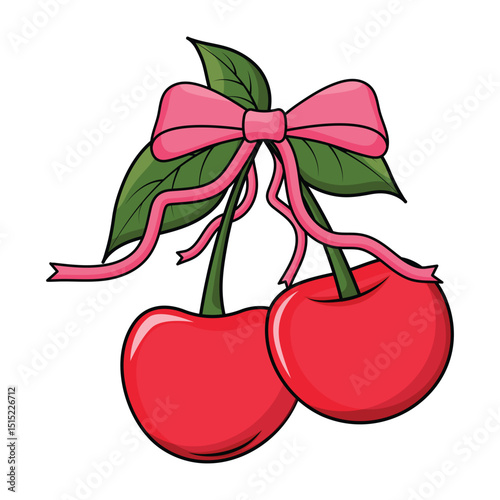 The illustration shows a pair of shiny bright red cherries with green stems tied with a playful pink ribbon.