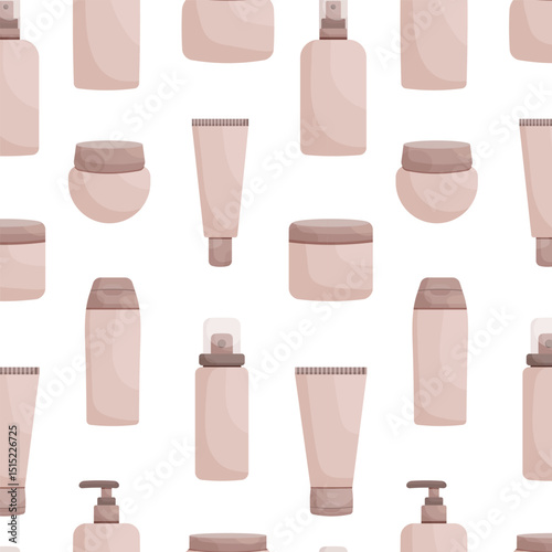 Seamless pattern of various beige cosmetic containers on a white background.