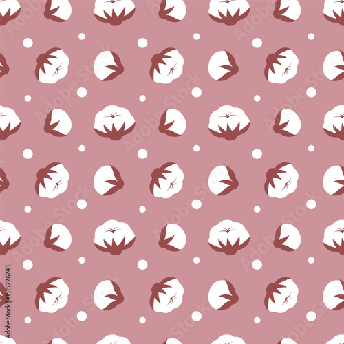 Seamless vector pattern featuring stylized white fluffy cotton flowers buds with sepals on pink background.