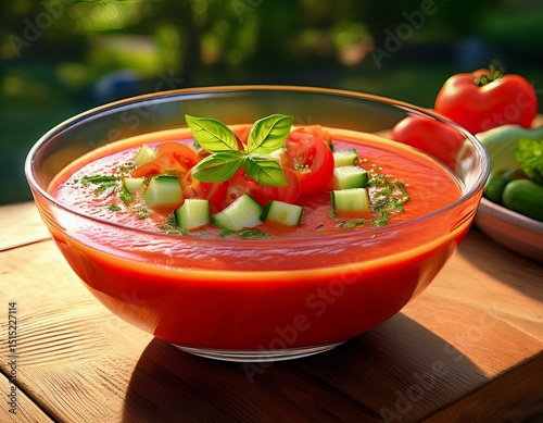 Gazpacho – kalte spanische Tomatensuppe auf Gartentisch serviert photo