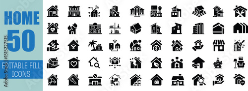 Fifty home icons set editable fill style