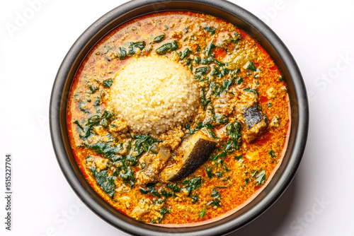 A photorealistic top-down view of a Nigerian egusi stew with ground melon seeds