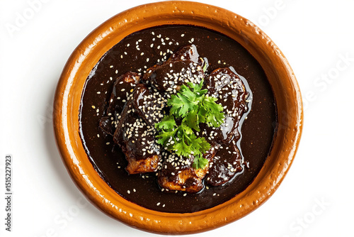 A photorealistic top-down view of a Mexican mole poblano