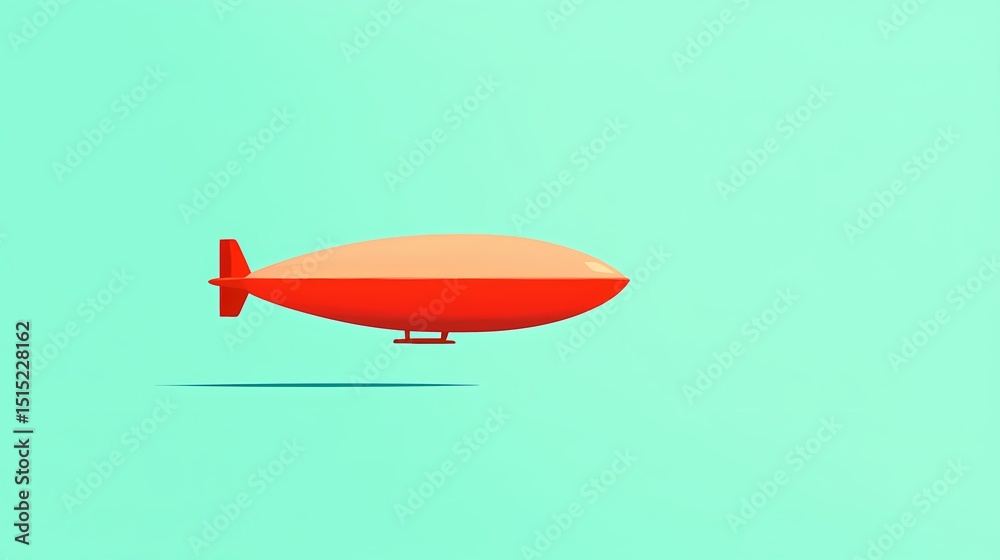 Fototapeta premium Minimalist illustration of a red airship floating against a light teal background. Conceptual image for travel, adventure, innovation, and retro technology.