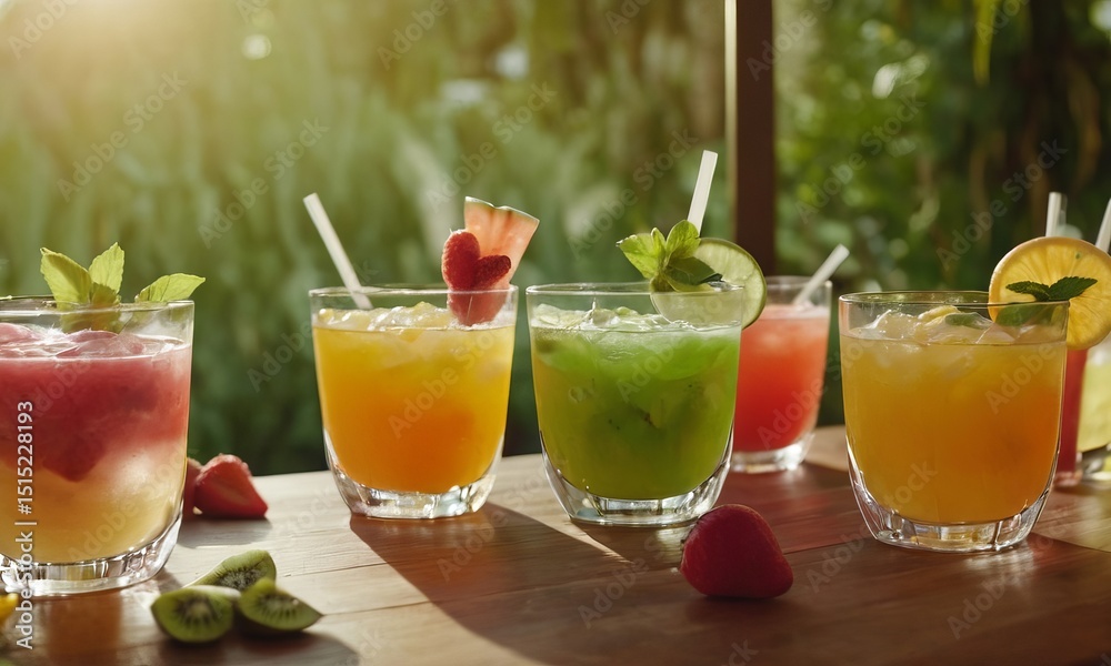 Fototapeta premium Refreshing colorful cocktails with fruits on a wooden table in daylight