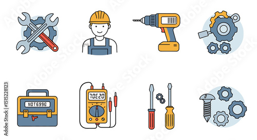 Illustration of construction worker, tools, and equipment for building and repair services project design