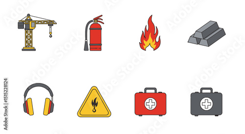 Construction safety elements including crane fire extinguisher first aid and warning signs vector illustration