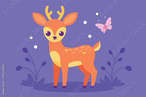 Cute cartoon illustration of a wild brown deer in a forest