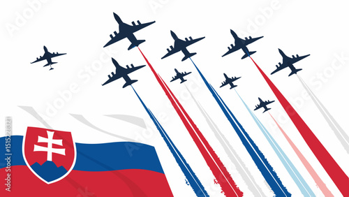 Slovak air force jets flying in formation with flag