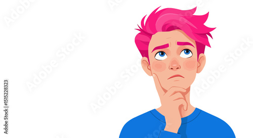 Illustration of a thoughtful young man with pink hair looking up and pondering creative ideas concept art