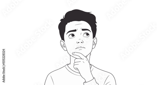 Illustration of a thoughtful young man pondering a question with hand on chin and looking up in contemplation