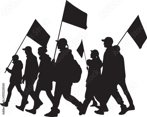 Group of people marching with flags, symbolizing protest, activism, or political movements, ideal for social change, demonstrations, and human rights design projects