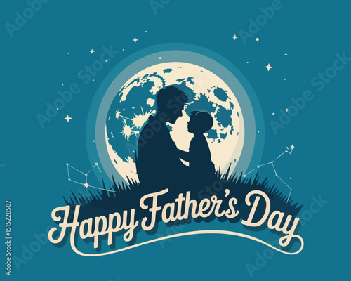 Happy father's day banner with Silhouette son is riding his father is neck at blue full moon night time vector design
