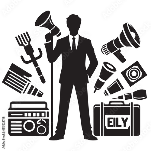 Black Color Advertising Silhouette Vector Illustration, Solid White Background
