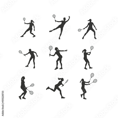 Badminton female player set silhouettes action poses sports