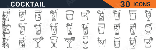 Cocktail and Drink Icons Set in Line Style. Collection of Beverage Linear Icons, Including Martini, Margarita, Juice, Soda, and more. Editable Stroke Vector Illustration