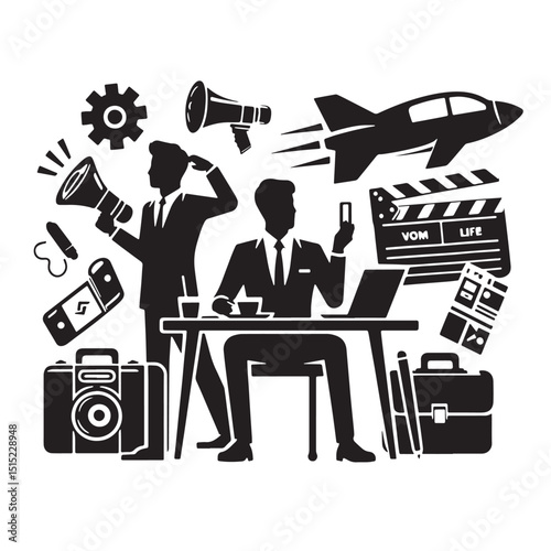 Black Color Advertising Silhouette Vector Illustration, Solid White Background