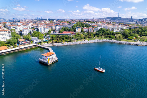 Moda District in Kadikoy. Istanbul, Turkey. Beautiful aerial view with drone shot.
