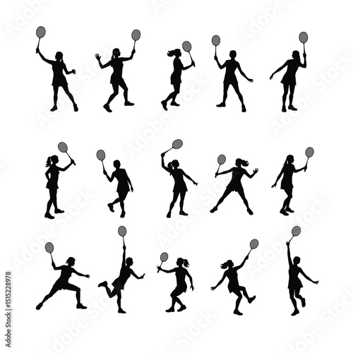 Badminton female player silhouettes action poses set