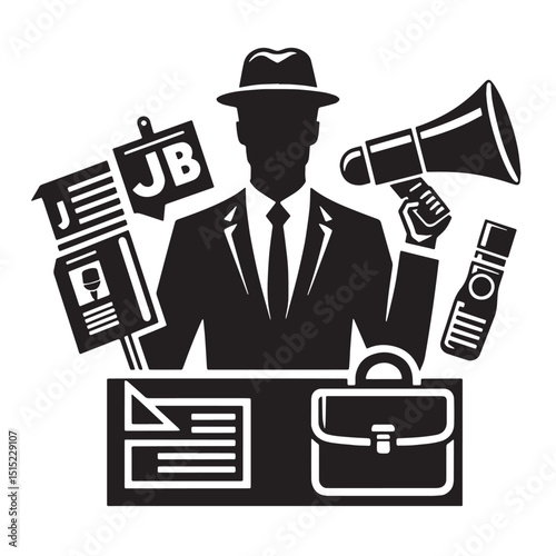 Black Color Advertising Silhouette Vector Illustration, Solid White Background