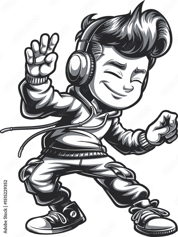 Fototapeta premium Monochrome Cartoon Teen Boy Listening to Music, A black and white cartoon teenage boy enjoying music with headphones and dancing.