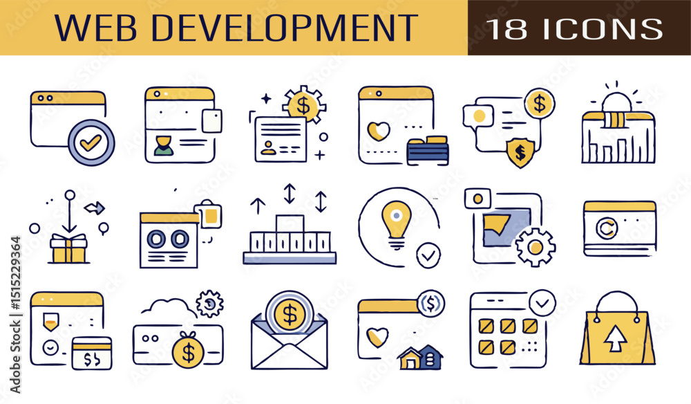Hand drawn web development icons representing various digital design and online business concepts