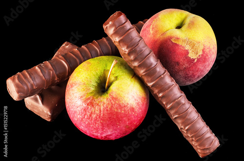 Fototapeta Naklejka Na Ścianę i Meble -  Fruit vs. Chocolate: A Healthy Choice. Fresh fruits and tempting chocolate bars on a black background.