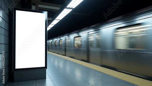 Fototapeta Naklejka Na Ścianę i Meble -  Blank billboard at subway station with moving train