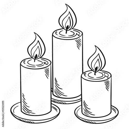 three candles with flames line art vector .eps