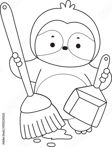 Outline of Funny baby sloth animal series stock illustration. Coloring pages of Slow life of fluffy sloth designs.